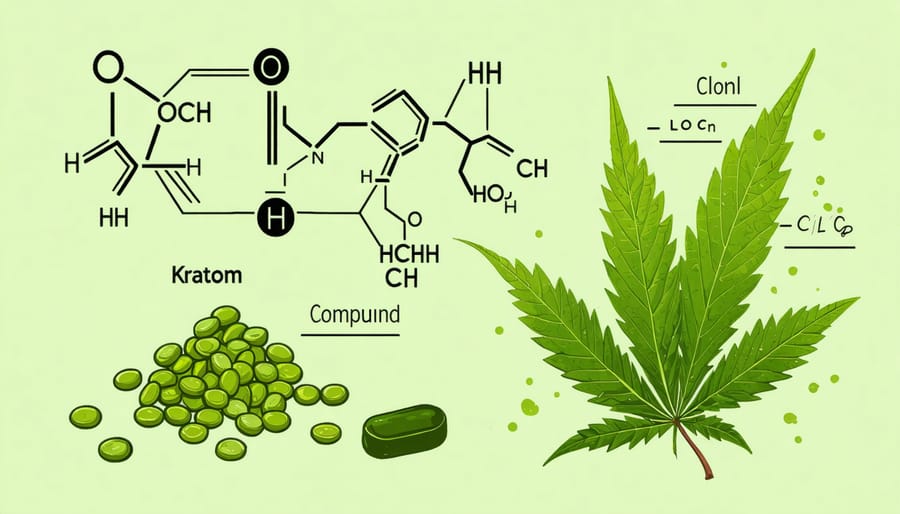 Conceptual illustration representing the chemical makeup of kratom's active compounds