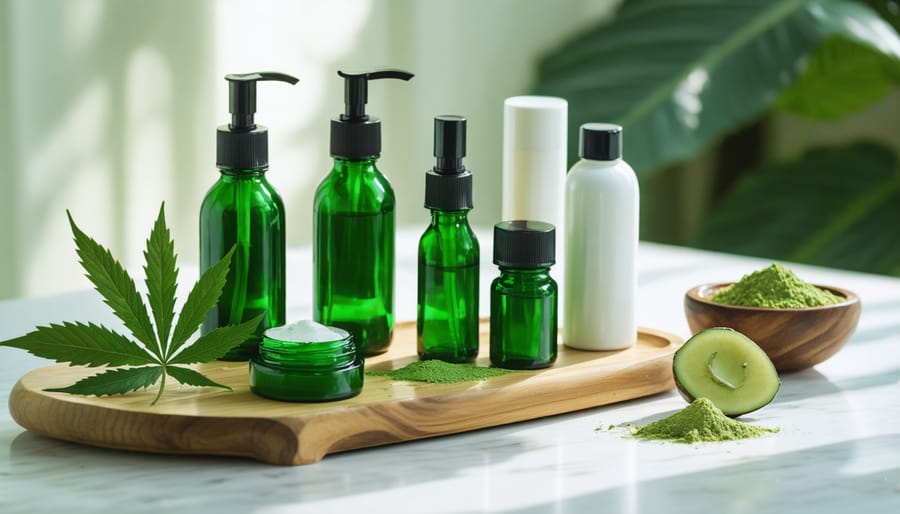 Various skincare products infused with kratom displayed on a table