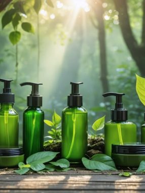 A collection of kratom-infused skincare products displayed on a wooden surface amidst kratom leaves in a sunlit Southeast Asian forest setting, highlighting the natural and luxurious appeal of botanical ingredients in skincare.