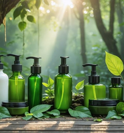 A collection of kratom-infused skincare products displayed on a wooden surface amidst kratom leaves in a sunlit Southeast Asian forest setting, highlighting the natural and luxurious appeal of botanical ingredients in skincare.