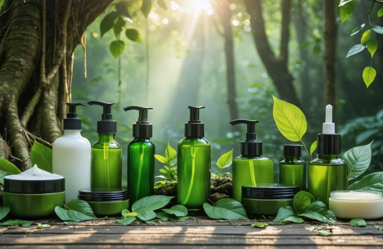 A collection of kratom-infused skincare products displayed on a wooden surface amidst kratom leaves in a sunlit Southeast Asian forest setting, highlighting the natural and luxurious appeal of botanical ingredients in skincare.